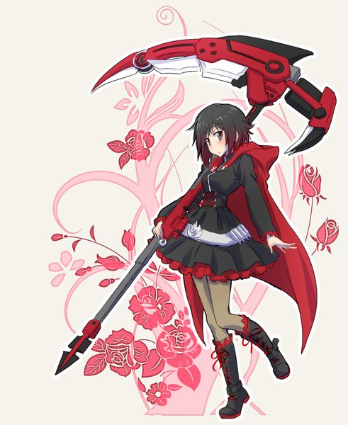 Anime picture 1227x1498 with rwby rooster teeth ruby rose iesupa single tall image looking at viewer fringe short hair black hair standing holding ahoge red hair long sleeves head tilt multicolored hair grey background grey eyes standing on one leg