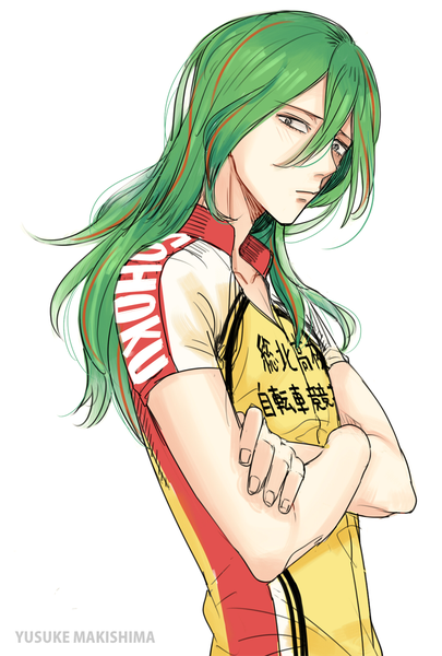 Anime picture 700x1035 with yowamushi pedal makishima yuusuke ira (artist) single long hair tall image looking at viewer fringe simple background hair between eyes white background green eyes upper body green hair character names crossed arms boy uniform gym uniform