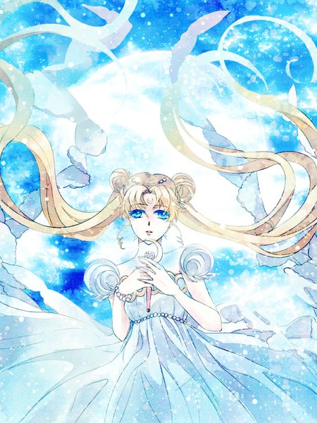 Anime picture 600x800 with bishoujo senshi sailor moon toei animation tsukino usagi princess serenity tsuna2727 single long hair tall image looking at viewer breasts blue eyes blonde hair twintails holding sky parted lips wind hair bun (hair buns) blue background girl