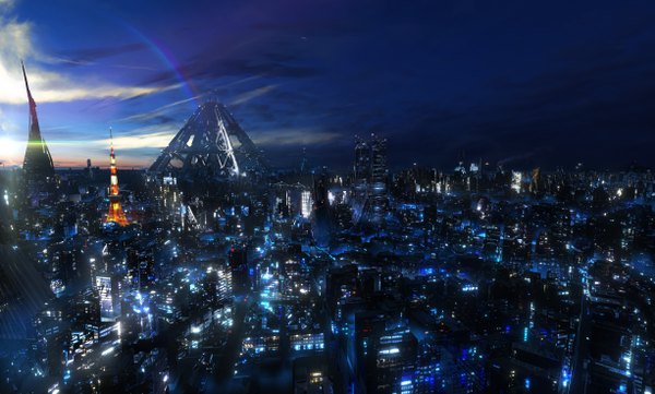 Anime picture 2450x1476 with guilty crown production i.g redjuice highres wide image sky cloud (clouds) city cityscape no people city lights street lamppost