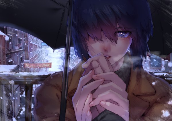 Anime picture 1090x769 with ghost in the shell production i.g kusanagi motoko katsuoboshi single looking at viewer fringe short hair black hair purple eyes outdoors parted lips hair over one eye city holding hands snowing winter snow exhalation girl