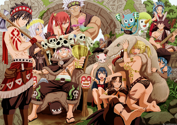 Anime picture 2555x1809 with fairy tail lucy heartfilia erza scarlet natsu dragneel gray fullbuster wendy marvell juvia lockser happy (fairy tail) mirajane strauss gajeel redfox charle (fairy tail) levy mcgarden lisanna strauss laxus dreyar cana alberona panther lily plue elfman strauss enara123 long hair