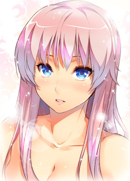 Anime picture 1512x2102 with original tosh single long hair tall image looking at viewer blush open mouth blue eyes bare shoulders pink hair face girl