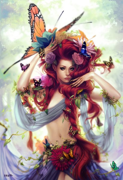 Anime picture 1024x1497 with original amsbt single long hair tall image looking at viewer blue eyes red hair braid (braids) nail polish hair flower fingernails realistic midriff grey eyes single braid long fingernails nature girl navel