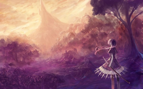 Anime picture 1080x675 with original bounin single long hair black hair wide image sky cloud (clouds) back mountain landscape weightlessness girl dress weapon plant (plants) sword tree (trees) black dress katana