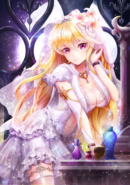 Anime picture 2079x2953 with sword girls linia pacifica lunacle single long hair tall image looking at viewer highres breasts light erotic blonde hair purple eyes hair flower girl thighhighs dress flower (flowers) white thighhighs white dress wedding veil