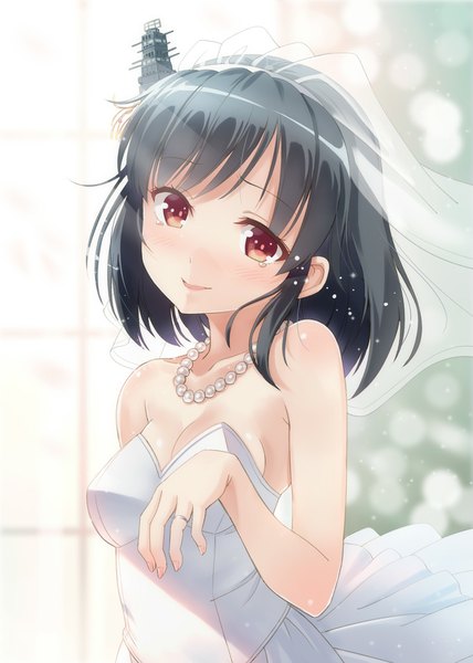 Anime picture 800x1122 with kantai collection yamashiro battleship hyuuga azuri single tall image looking at viewer short hair black hair smile red eyes bare shoulders tears wedding girl dress hair ornament ring beads wedding dress wedding veil