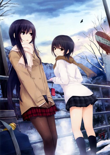 Anime picture 2602x3677 with original aoyama sumika shiramine rika coffee-kizoku long hair tall image highres short hair black hair multiple girls brown eyes cloud (clouds) black eyes girl skirt 2 girls miniskirt animal socks jacket