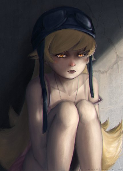 Anime picture 1600x2231 with bakemonogatari shaft (studio) monogatari (series) oshino shinobu thuan21995 single long hair tall image looking at viewer blush fringe blonde hair sitting yellow eyes bent knee (knees) lips shadow fang (fangs) goggles on head vampire