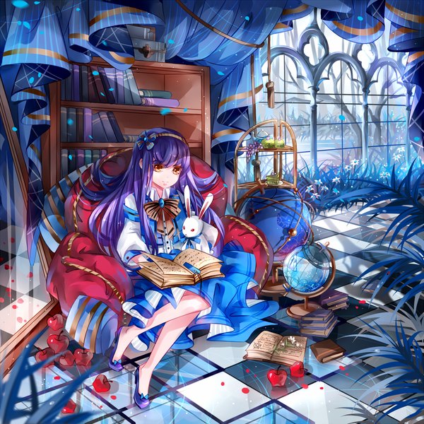 Anime picture 1000x1000 with original instockee single long hair purple hair indoors orange eyes checkered floor girl dress flower (flowers) bow plant (plants) tree (trees) food window hairband pillow book (books) curtains