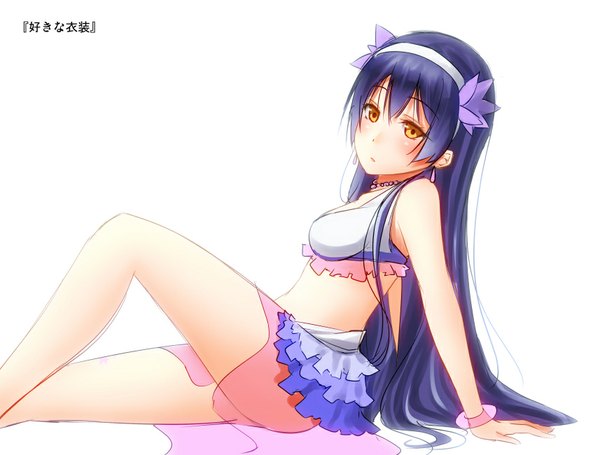 Anime picture 857x650 with love live! school idol project sunrise (studio) love live! sonoda umi noppi (noppi 98) single long hair looking at viewer blush light erotic simple background white background blue hair orange eyes legs sleeveless girl