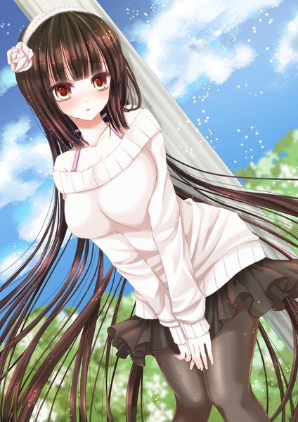 Anime picture 707x1000 with original hiroharu single long hair tall image looking at viewer black hair bare shoulders brown eyes sky cloud (clouds) girl skirt hairband sweater