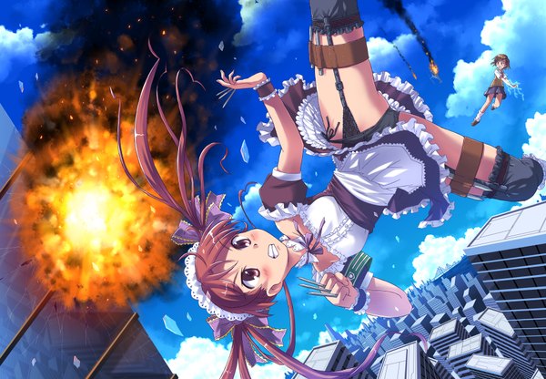 Anime picture 1800x1248 with to aru kagaku no railgun to aru majutsu no index j.c. staff misaka mikoto shirai kuroko aki (akisora hiyori) long hair blush highres short hair light erotic brown hair twintails multiple girls brown eyes sky cloud (clouds) maid pantyshot city