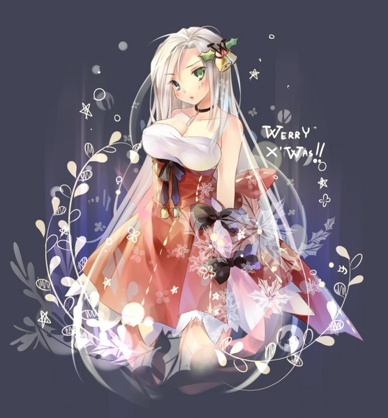 Anime picture 1317x1421 with original ninjinshiru single long hair tall image looking at viewer blush blue eyes simple background green eyes silver hair grey background heterochromia christmas multicolored eyes outline girl hair ornament bow plant (plants)