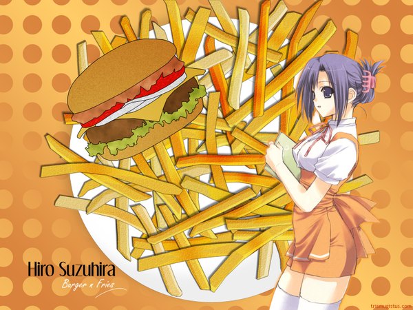 Anime picture 1600x1200 with suzuhira hiro purple eyes purple hair thighhighs food apron hamburger