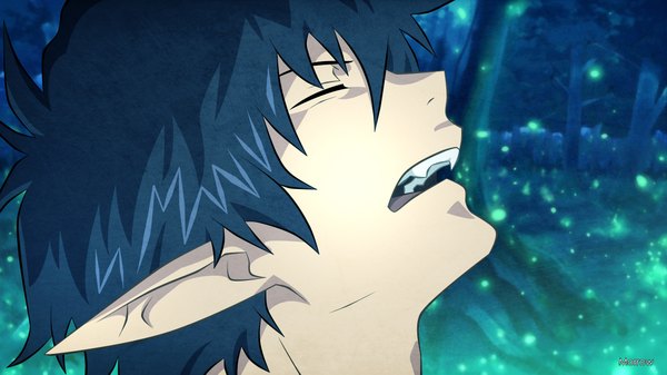 Anime picture 2200x1237 with ao no exorcist a-1 pictures okumura rin morrow single highres short hair open mouth black hair wide image signed outdoors eyes closed profile pointy ears teeth close-up face vector sharp teeth