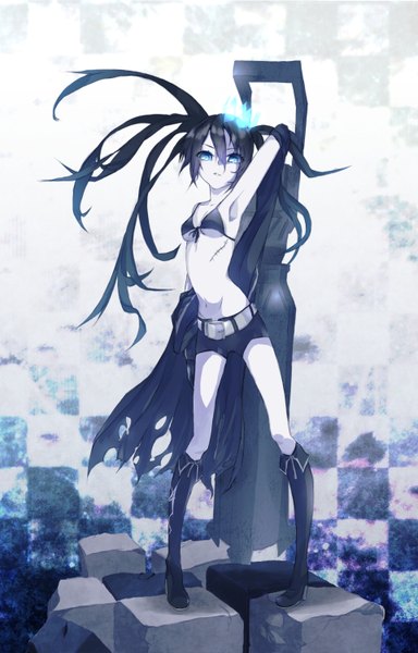 Anime picture 1920x3000 with black rock shooter black rock shooter (character) takka (aegis9294) single long hair tall image highres blue eyes black hair twintails scar checkered girl shorts cloak bikini top huge weapon