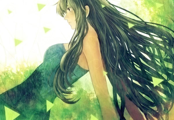 Anime picture 1100x759 with original bounin single long hair fringe breasts black hair bare shoulders profile wind sleeveless girl