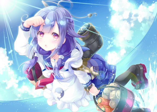 Anime picture 4175x2976 with kantai collection taigei light aircraft carrier ayuyanaka no hito single long hair blush highres twintails absurdres sky purple hair cloud (clouds) ahoge parted lips pink eyes sunlight :o low twintails multicolored eyes girl
