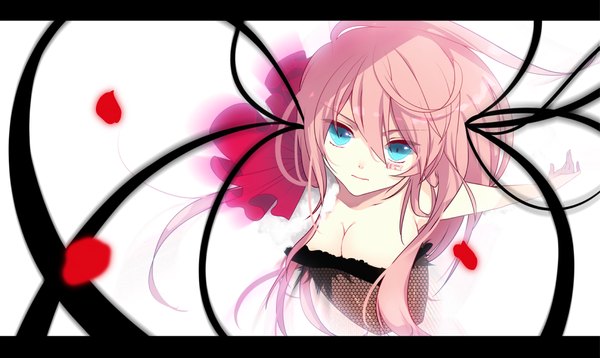 Anime picture 1000x597 with vocaloid megurine luka hiyu (itsumono) single long hair blue eyes simple background wide image white background pink hair girl dress petals