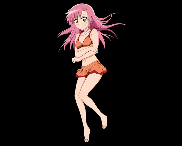 Anime picture 4000x3200 with hayate no gotoku! katsura hinagiku single long hair blush highres yellow eyes pink hair absurdres barefoot black background girl swimsuit
