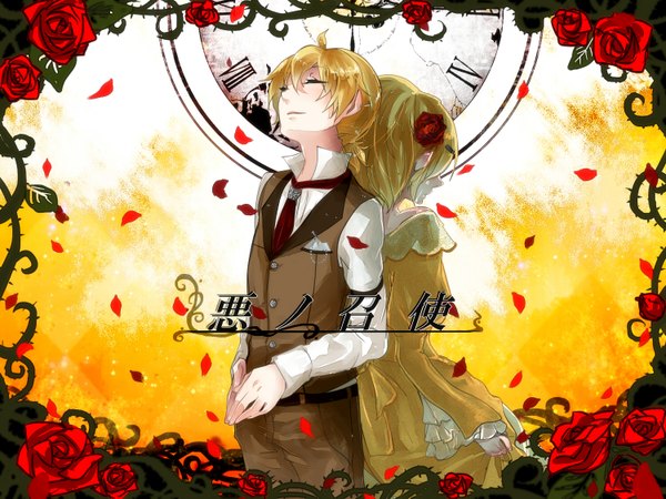 Anime picture 1500x1125 with vocaloid kagamine rin kagamine len tagme (artist) short hair blonde hair smile ahoge eyes closed inscription tears framed crying yellow background girl dress flower (flowers) petals rose (roses) clock