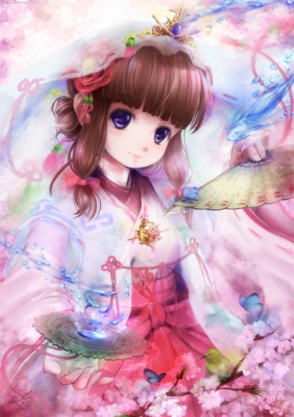 Anime picture 778x1100 with original miyai haruki single long hair tall image looking at viewer fringe smile brown hair purple eyes twintails traditional clothes japanese clothes hair bun (hair buns) cherry blossoms magic girl bow hair bow animal
