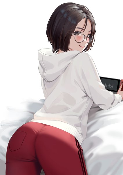 Anime picture 2480x3508 with nintendo real life ditta amelia saraswati jubi (regiana) single tall image looking at viewer blush highres short hair smile brown hair white background brown eyes signed ass lying long sleeves from behind on stomach