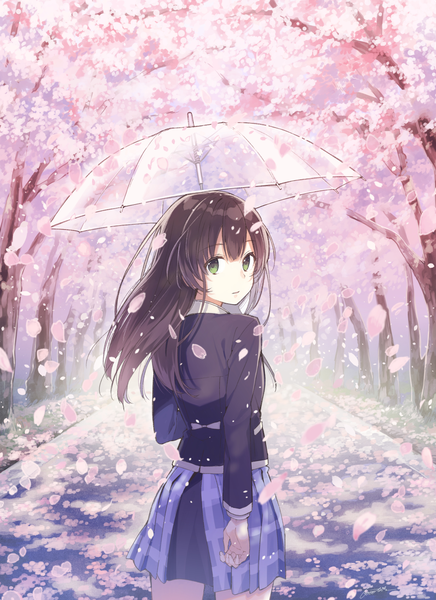 Anime picture 990x1362 with original buuta single long hair tall image looking at viewer fringe black hair standing holding green eyes outdoors pleated skirt looking back wind from behind sunlight cherry blossoms plaid skirt checkered