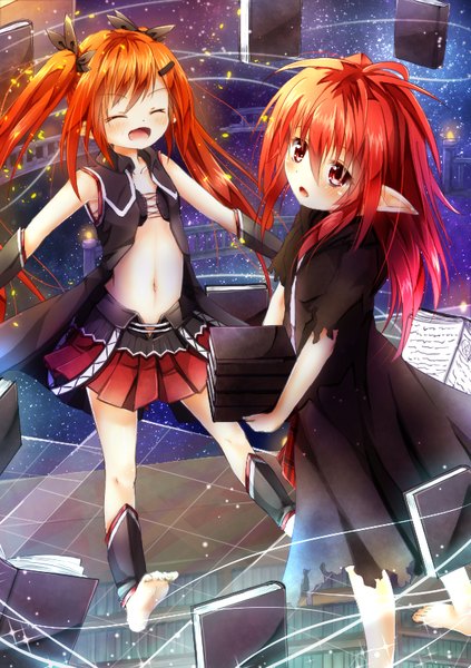 Anime picture 595x842 with original utatanecocoa long hair tall image blush fringe open mouth light erotic hair between eyes red eyes twintails multiple girls holding red hair eyes closed barefoot from above pointy ears inscription bare belly
