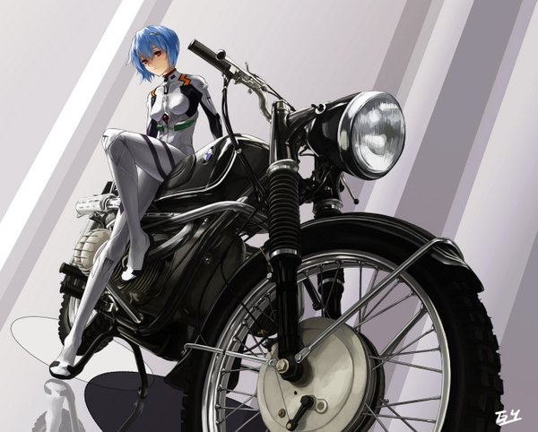 Anime picture 1372x1104 with neon genesis evangelion gainax ayanami rei gyicarus single short hair simple background red eyes signed blue hair grey background girl bodysuit pilot suit motorcycle