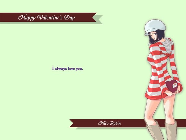 Anime picture 1024x768 with one piece toei animation nico robin dugan single black hair wallpaper character names striped valentine girl hat shirt food boots sweets chocolate