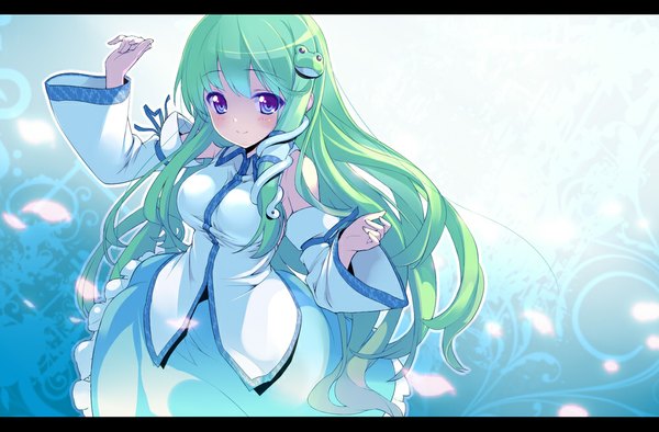 Anime picture 1000x657 with touhou kochiya sanae ashishun single long hair looking at viewer blush highres breasts blue eyes smile large breasts long sleeves very long hair green hair letterboxed girl dress hair ornament detached sleeves