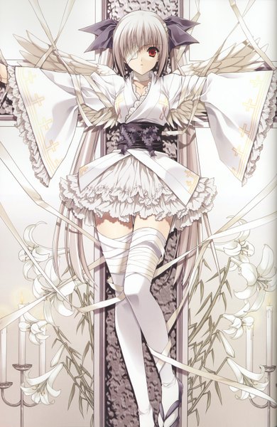 Anime picture 2270x3490 with original suzuhira hiro single long hair tall image highres red eyes twintails white hair traditional clothes japanese clothes chinese clothes angel wings bondage lolita fashion angel bandage over one eye girl thighhighs dress