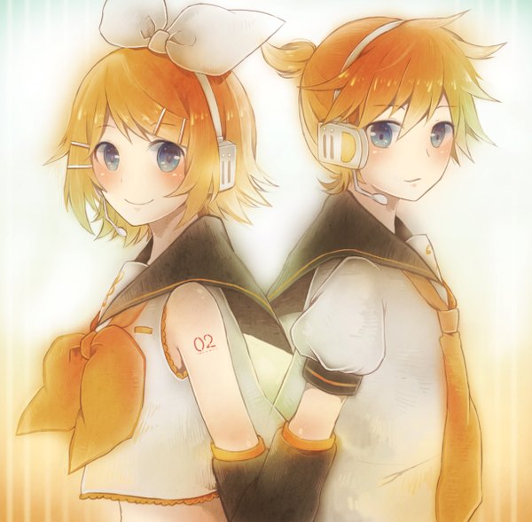 Anime picture 1220x1198 with vocaloid kagamine rin kagamine len chizu (sweet*cheese) looking at viewer blush short hair blue eyes blonde hair smile twins back to back girl boy hair ornament bow hair bow hairclip headphones