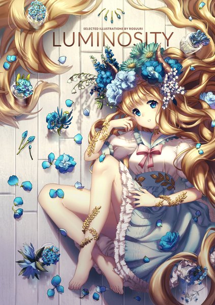 Anime picture 750x1063 with original rosuuri single tall image looking at viewer blush fringe open mouth blue eyes blonde hair signed full body bent knee (knees) lying blunt bangs very long hair head tilt barefoot hair flower horn (horns)