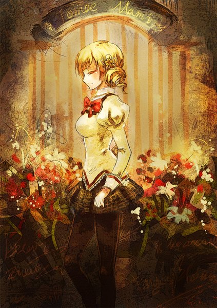Anime picture 1000x1419 with mahou shoujo madoka magica shaft (studio) tomoe mami bryanth single tall image short hair blonde hair twintails eyes closed profile inscription drill hair short twintails girl uniform flower (flowers) school uniform pantyhose