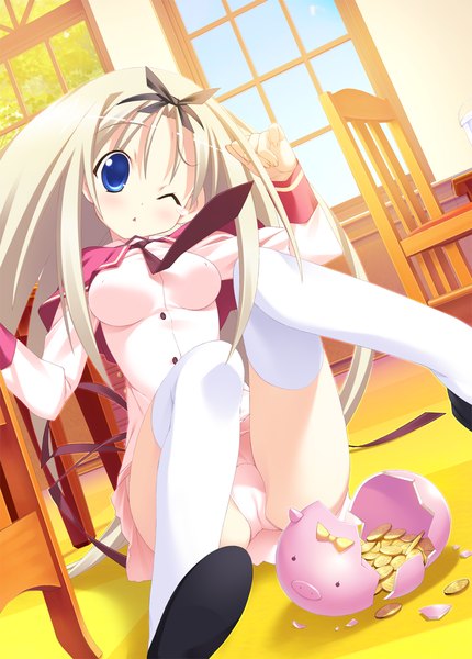 Anime picture 1024x1428 with twinkle crusaders lolotte rosenkreuz long hair tall image blush blue eyes light erotic blonde hair game cg one eye closed wink pantyshot sitting girl thighhighs uniform underwear panties school uniform white thighhighs necktie