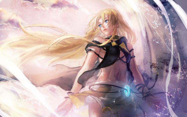 Anime picture 1200x750 with vocaloid lily (vocaloid) yamakawa umi single long hair fringe blue eyes light erotic blonde hair hair between eyes bare shoulders looking away sky cloud (clouds) wind no bra bare belly girl skirt navel