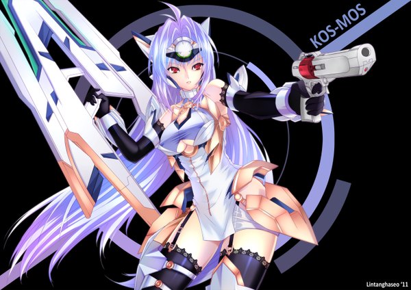 Anime picture 2828x2000 with xenosaga monolith software kos-mos lintanghaseo single long hair highres red eyes purple hair girl gloves weapon elbow gloves gun huge weapon