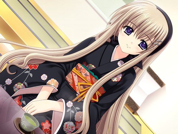 Anime picture 1024x768 with shuffle! single long hair brown hair purple eyes game cg japanese clothes girl kimono