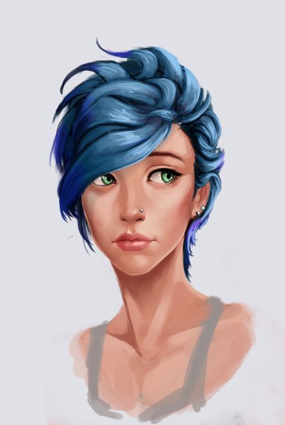 Anime picture 1024x1528 with carlos eduardo single tall image short hair green eyes blue hair looking away lips piercing girl