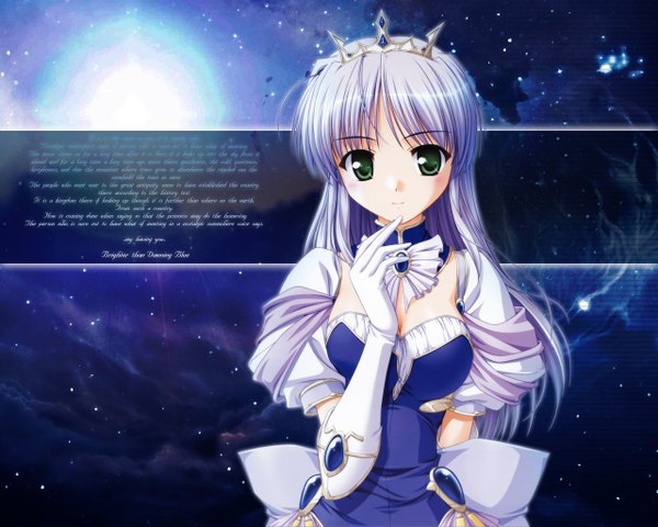 Anime picture 1280x1024 with yoake mae yori ruri iro na august soft feena fam earthlight single long hair looking at viewer fringe breasts simple background green eyes cleavage purple hair ahoge short sleeves wallpaper puffy sleeves arm behind back girl dress gloves