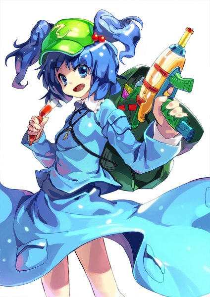 Anime picture 820x1160 with touhou kawashiro nitori ryuutetsu single tall image looking at viewer blush short hair open mouth blue eyes simple background white background blue hair two side up girl skirt skirt set hair tie backpack flat cap