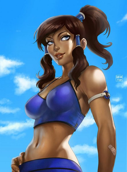 Anime picture 700x948 with avatar: the legend of korra korra dandon fuga single long hair tall image breasts blue eyes black hair sky cloud (clouds) ponytail lips realistic bare belly midriff sleeveless dark skin girl navel