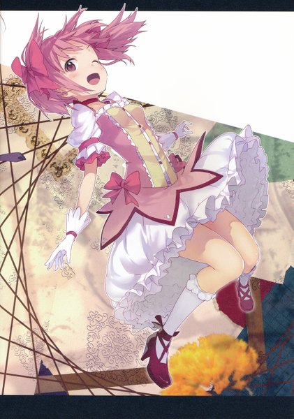Anime picture 4114x5863 with mahou shoujo madoka magica shaft (studio) kaname madoka shirabi single tall image looking at viewer blush fringe highres short hair breasts open mouth twintails pink hair absurdres one eye closed pink eyes wink scan