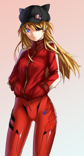 Anime picture 1000x1846 with neon genesis evangelion rebuild of evangelion evangelion: 3.0 you can (not) redo gainax soryu asuka langley shikinami asuka langley sunege (hp0715) single long hair tall image looking at viewer blue eyes simple background blonde hair gradient background hands in pockets girl eyepatch cap pilot suit