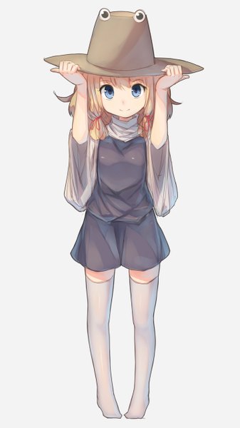 Anime picture 720x1280 with touhou moriya suwako shone single tall image looking at viewer short hair blue eyes simple background blonde hair smile grey background no shoes girl thighhighs hat white thighhighs