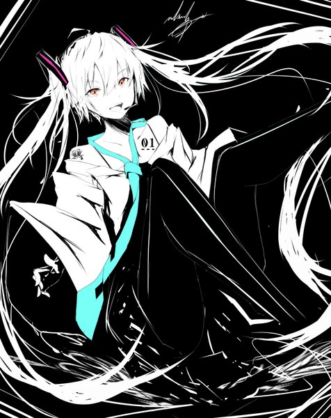 Anime picture 920x1160 with vocaloid hatsune miku marumoru single long hair tall image looking at viewer fringe open mouth twintails signed white hair wide sleeves orange eyes tattoo monochrome happy singing spot color girl
