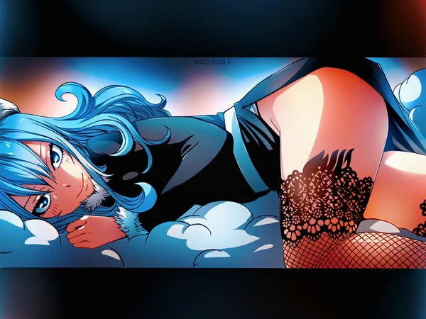 Anime picture 1000x750 with fairy tail juvia lockser kristallin-f (artist) single looking at viewer fringe light erotic smile lying aqua eyes aqua hair tattoo girl thighhighs